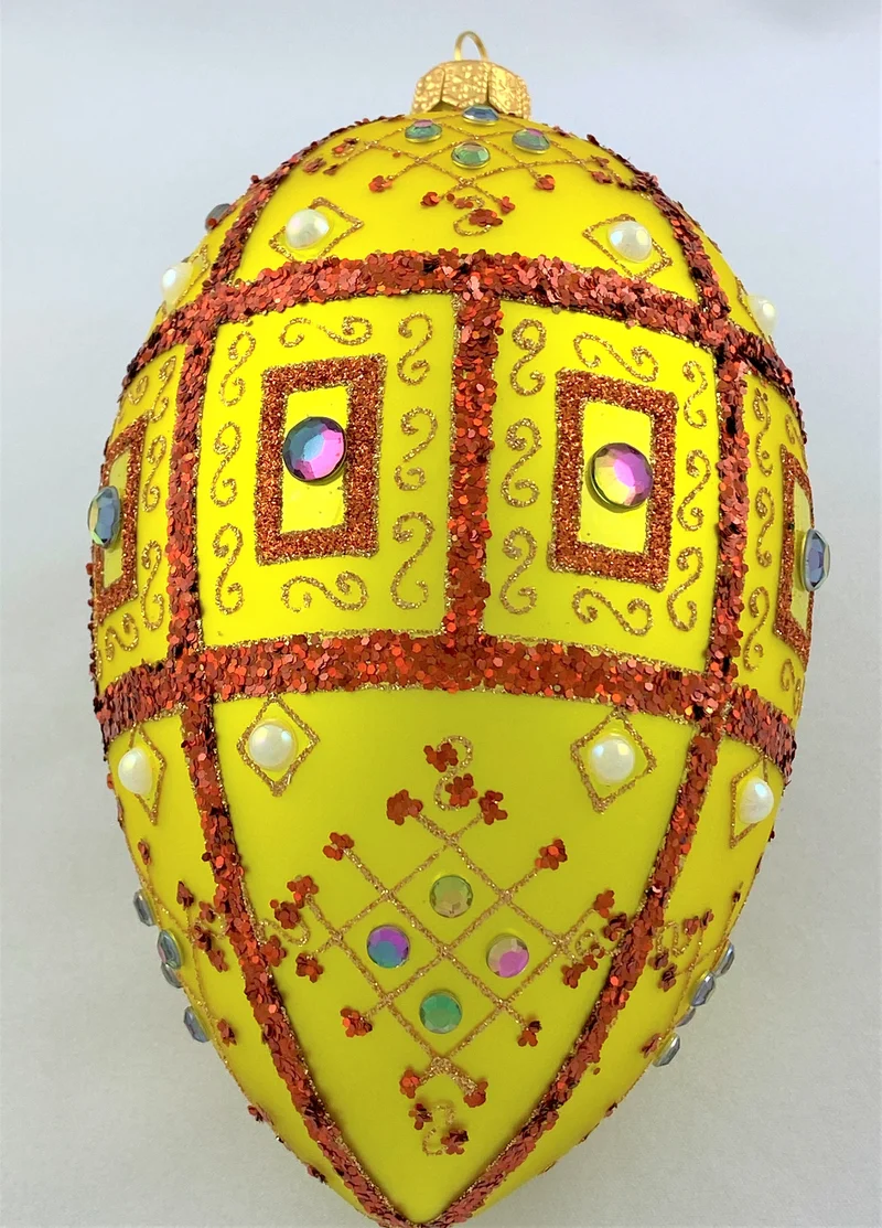 Grosses Faberge-Ei gelb matt mit rotem Glitzer-Dekor und irisierenden Schmucksteinen