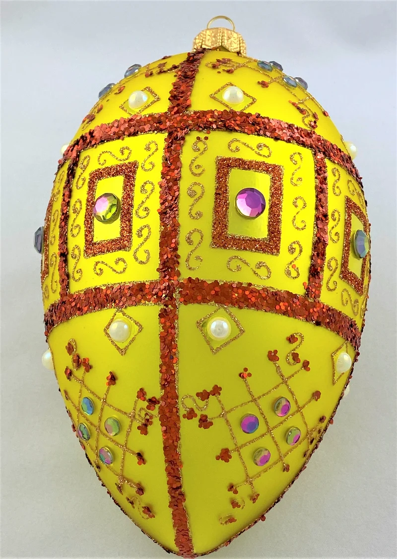 Grosses Faberge-Ei gelb matt mit rotem Glitzer-Dekor und irisierenden Schmucksteinen