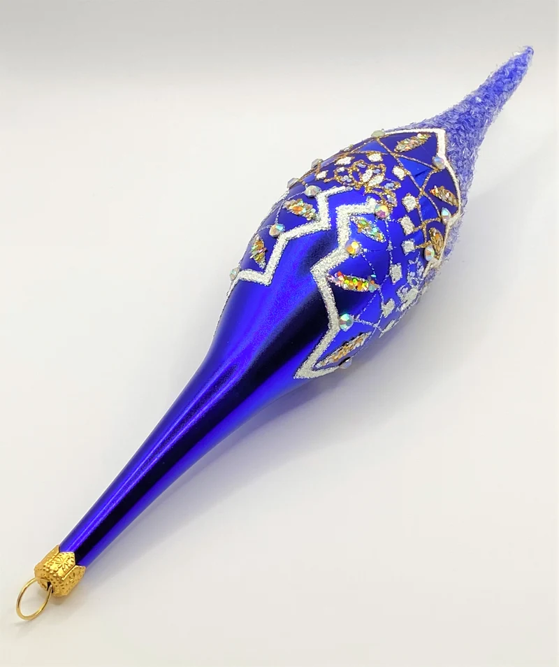 Blaue lange Olive weissem Dekor und Glitzersteinchen
