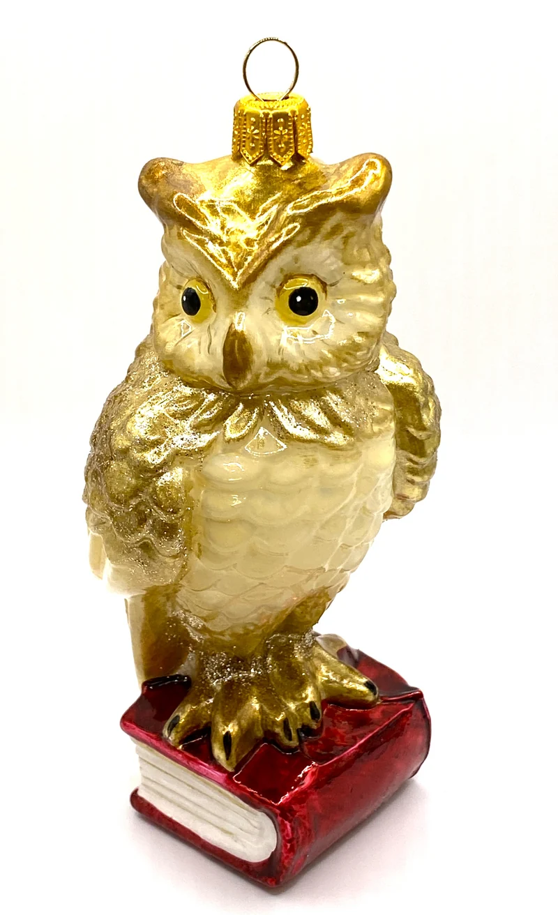 Eule mit goldenen Federn sitzt auf einem roten Buch, KOMOZJA MOSTOWSKI