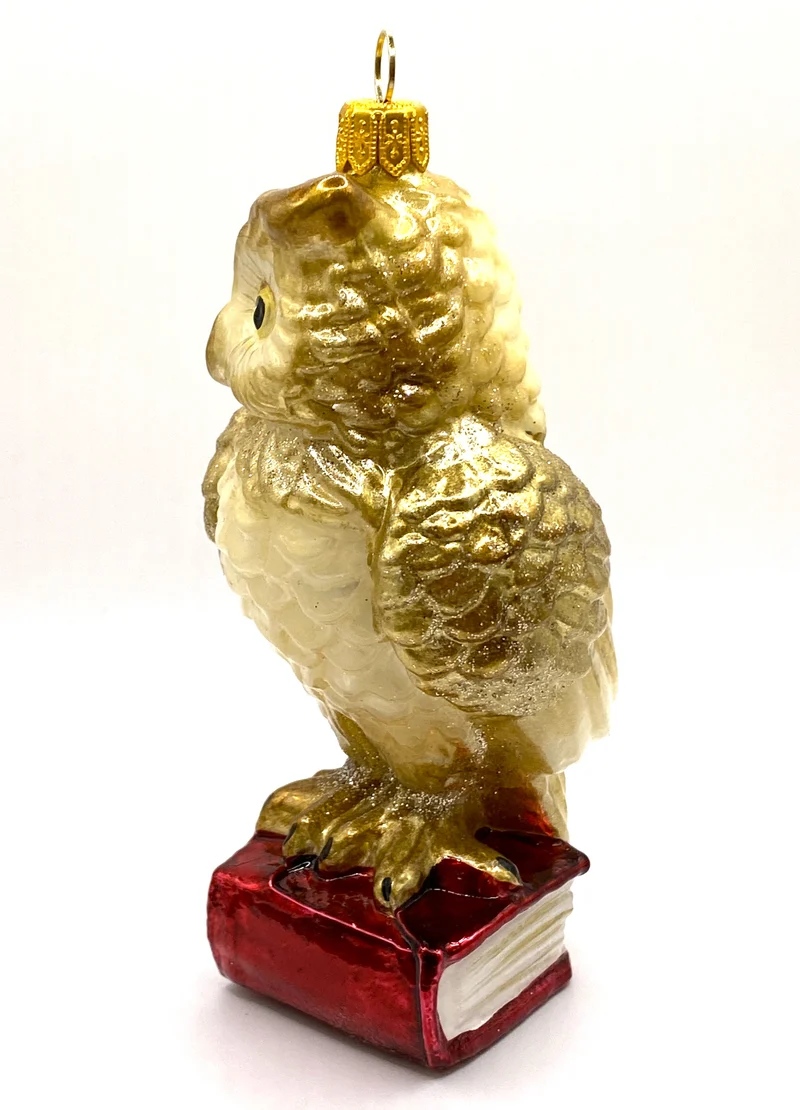 Eule mit goldenen Federn sitzt auf einem roten Buch, KOMOZJA MOSTOWSKI