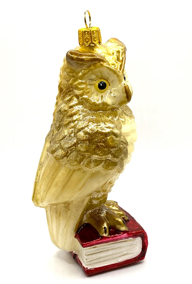 Eule mit goldenen Federn sitzt auf einem roten Buch, KOMOZJA MOSTOWSKI
