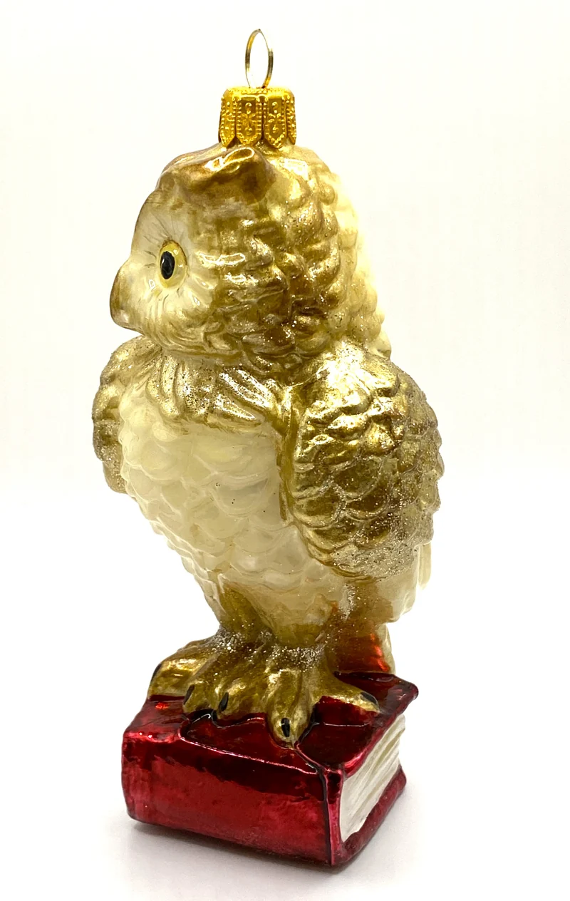 Eule mit goldenen Federn sitzt auf einem roten Buch, KOMOZJA MOSTOWSKI