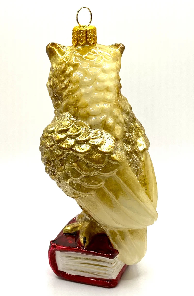 Eule mit goldenen Federn sitzt auf einem roten Buch, KOMOZJA MOSTOWSKI