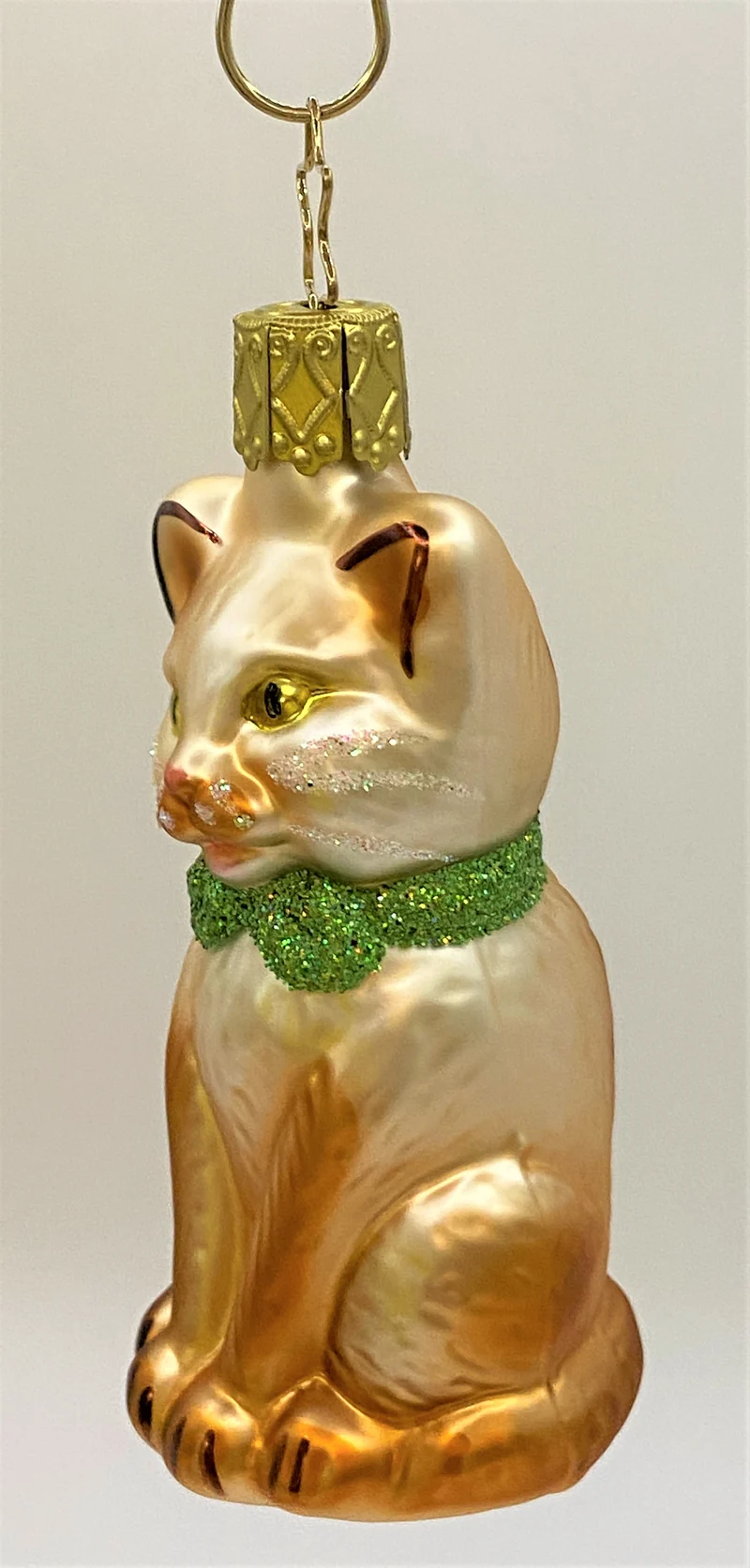 Sitzende rot weisse Katze mit grüner Schleife