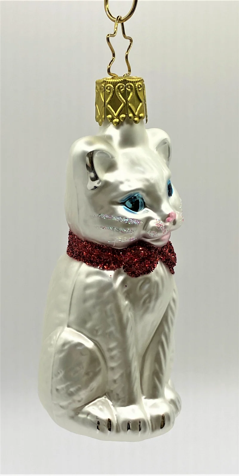 Sitzende weisse Katze mit blauen Augen und roter Schleife