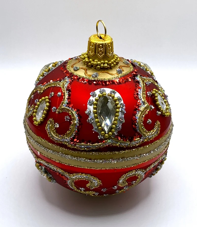 Kugel warmes Rot mit Barock Muster, silberne Steine