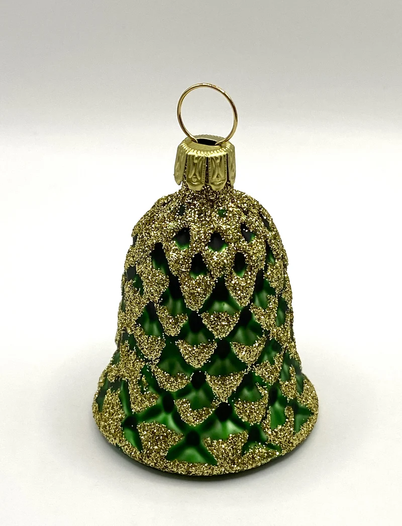 Grünes Weihnachts-Glöckchen mit Zapfenmuster und Gold-Glimmer
