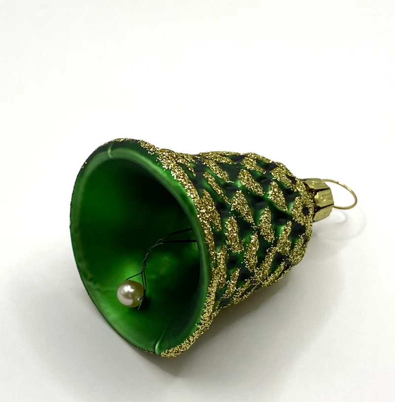 Grünes Weihnachts-Glöckchen mit Zapfenmuster und Gold-Glimmer