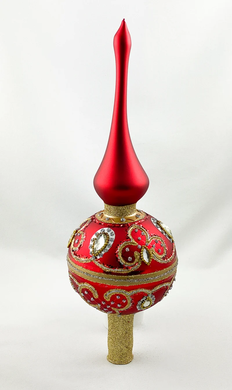 Christbaumspitze warmes Rot, Kugel mit Barock Muster und silbernen Steinen