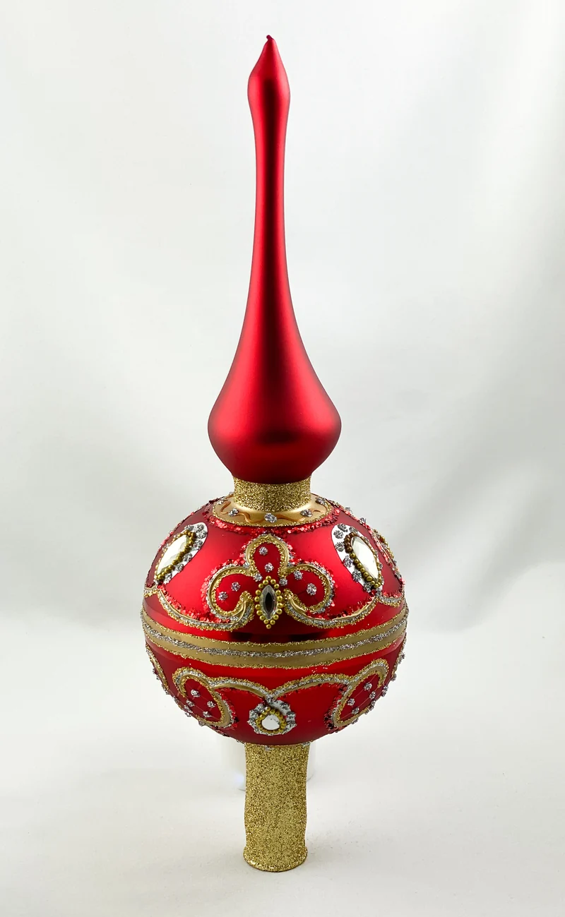 Christbaumspitze warmes Rot, Kugel mit Barock Muster und silbernen Steinen