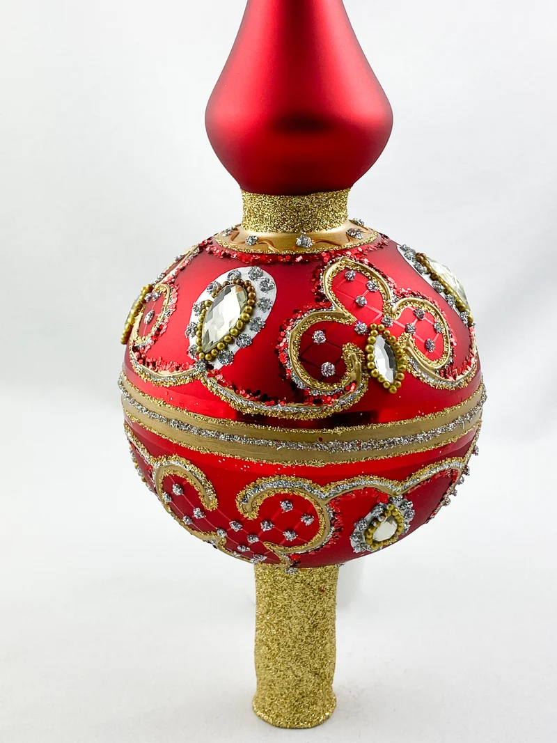 Christbaumspitze warmes Rot, Kugel mit Barock Muster und silbernen Steinen