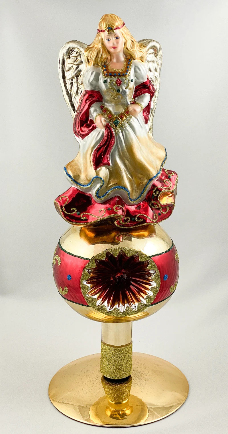Christbaumspitze Engel im roten Kleid mit Reflexkugel