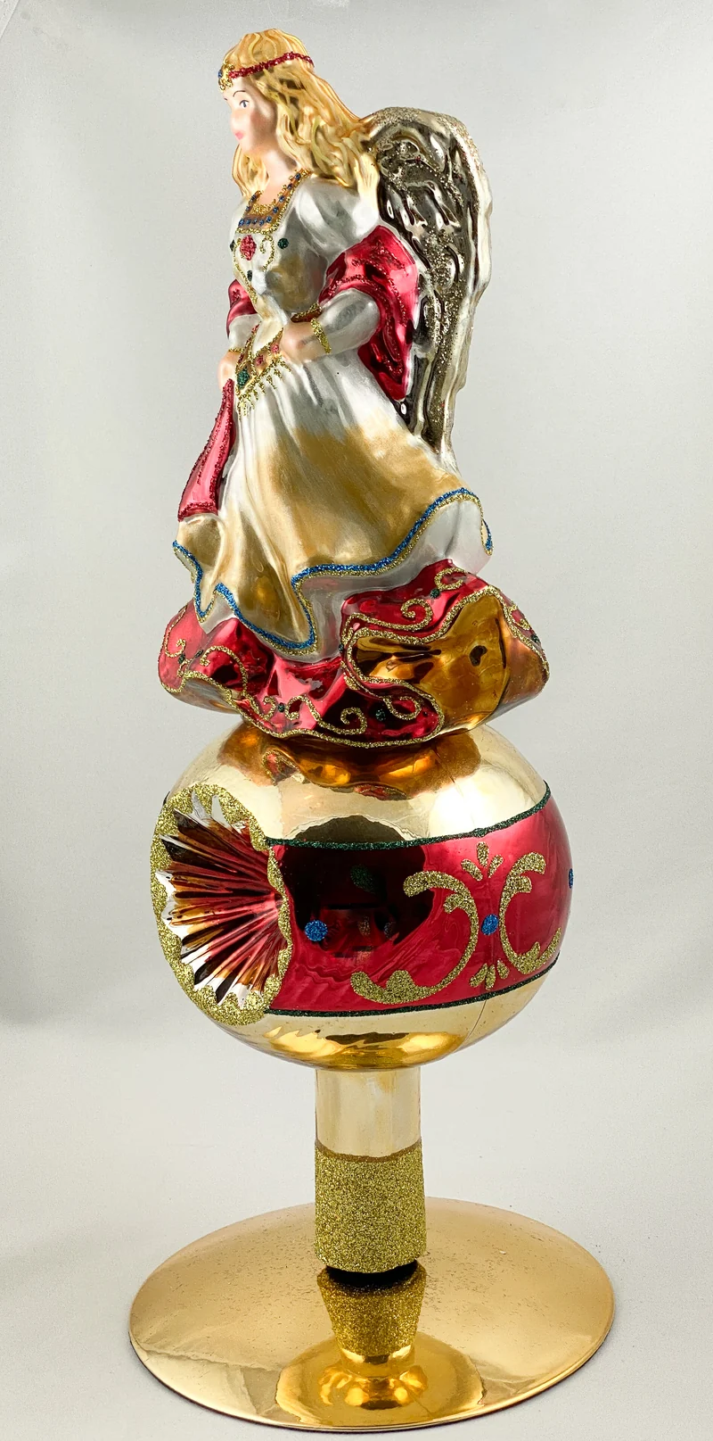 Christbaumspitze Engel im roten Kleid mit Reflexkugel