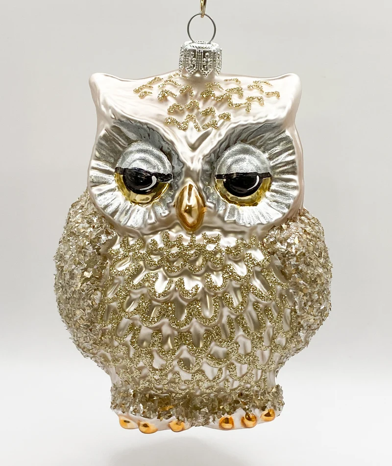Grosse silberne Eule mit goldenem Glitzer