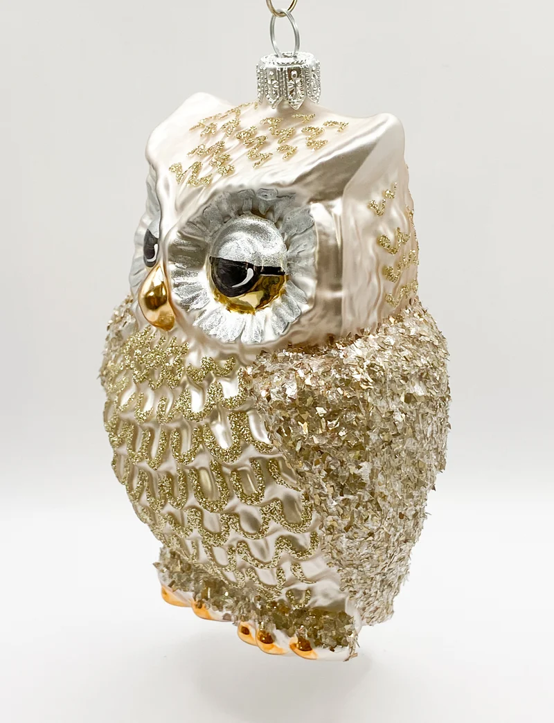 Grosse silberne Eule mit goldenem Glitzer