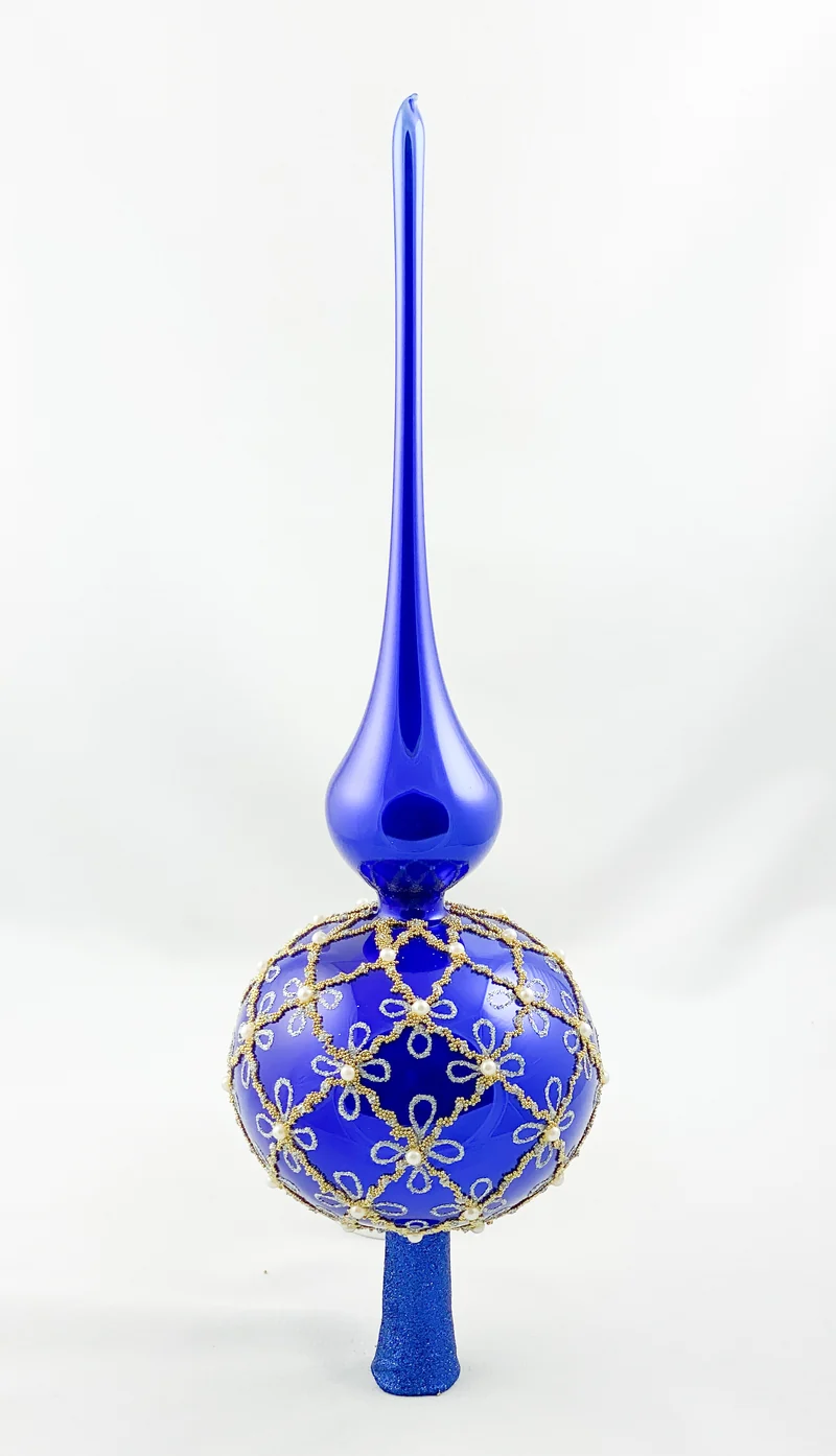 Blaue Christbaumspitze mit feinem Rauten-Dekor und Perlenbesatz