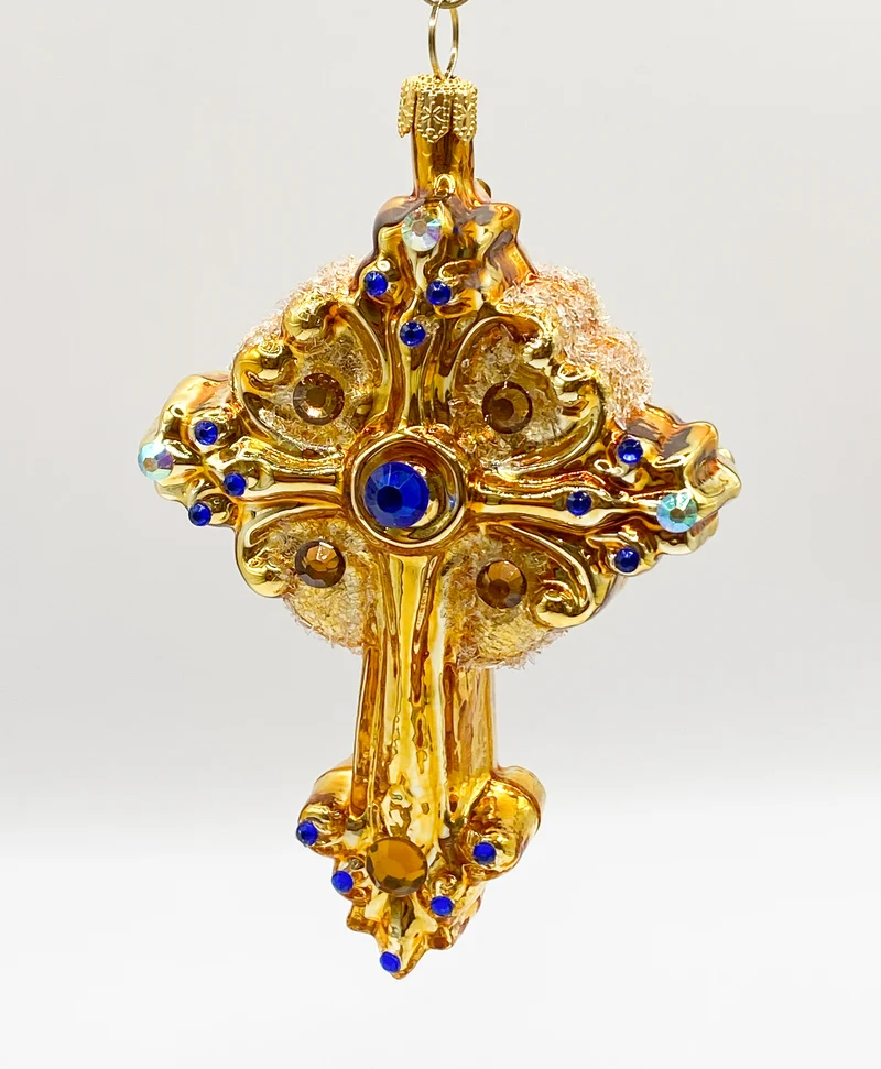 Kreuz goldfarben mit blauen und goldenen Schmucksteinen