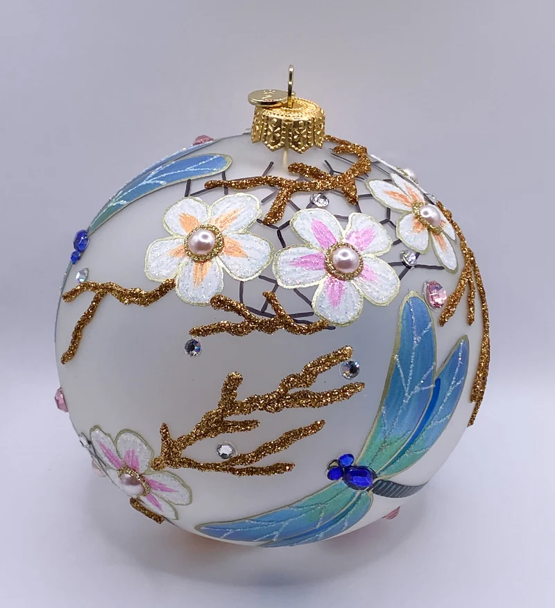 Kugel mit hellblauen Libellen und Kirschblüten-Dekor, GlitterLab