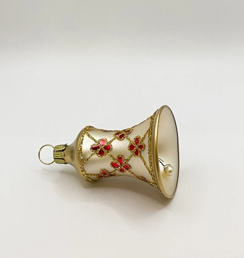 Weihnachts-Glöckchen gold matt mit roten Blümchen