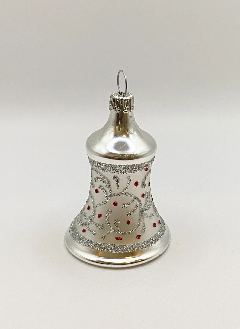 Weihnachts-Glöckchen weiss matt mit silbernen Ranken und roten Punkten