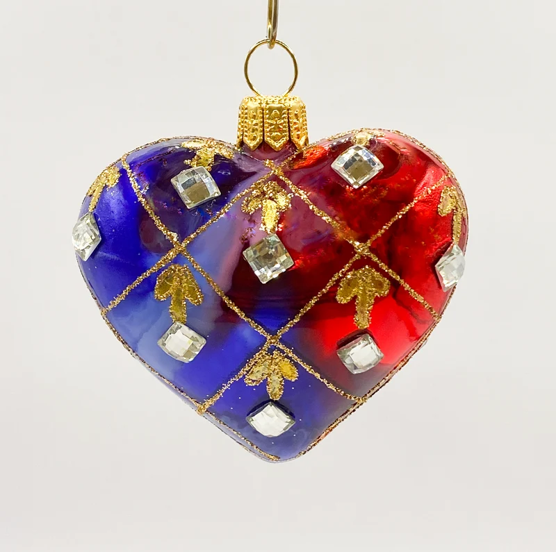 Herz blau-rot marmoriert und Schmucksteinen