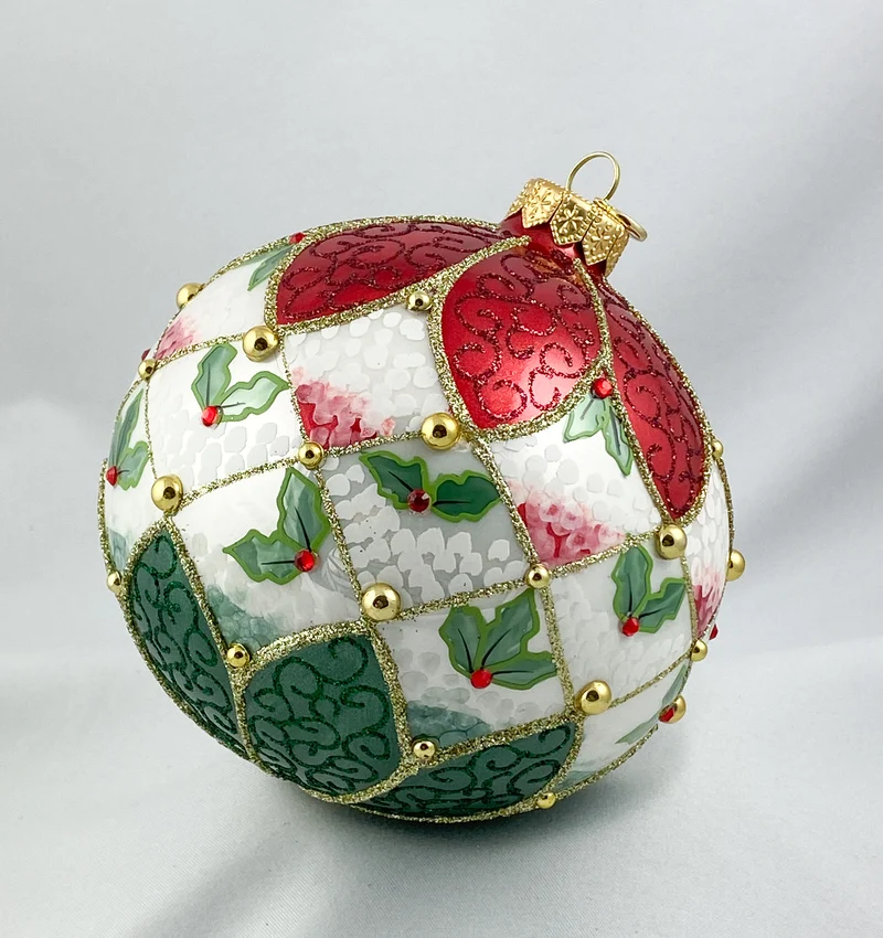 Kugel mit Ilex Zweig Dekor, GlitterLab