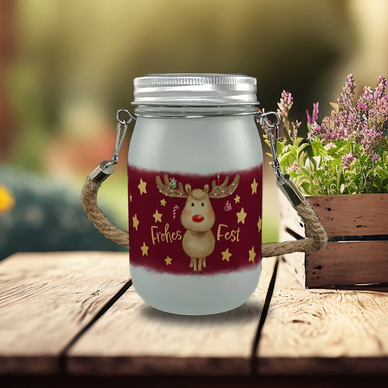 Rentier mit Weihnachtsschmuck Solarlicht und Spruch Frohes Fest