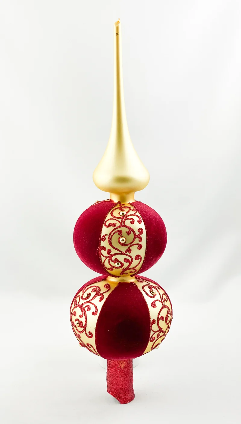 Christbaumspitze rot mit goldenem Dekor und goldener Spitze