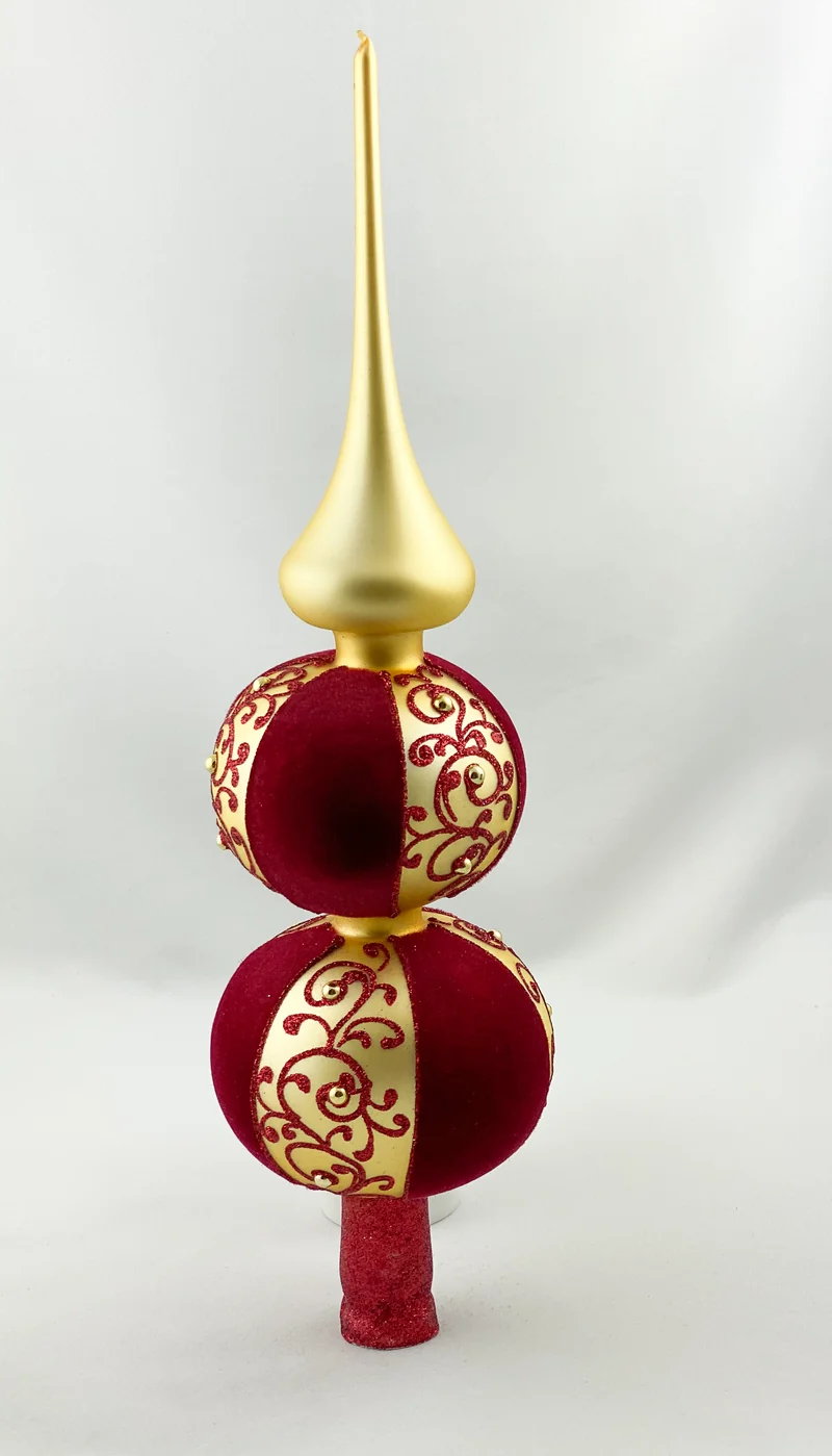 Christbaumspitze rot mit goldenem Dekor und goldener Spitze