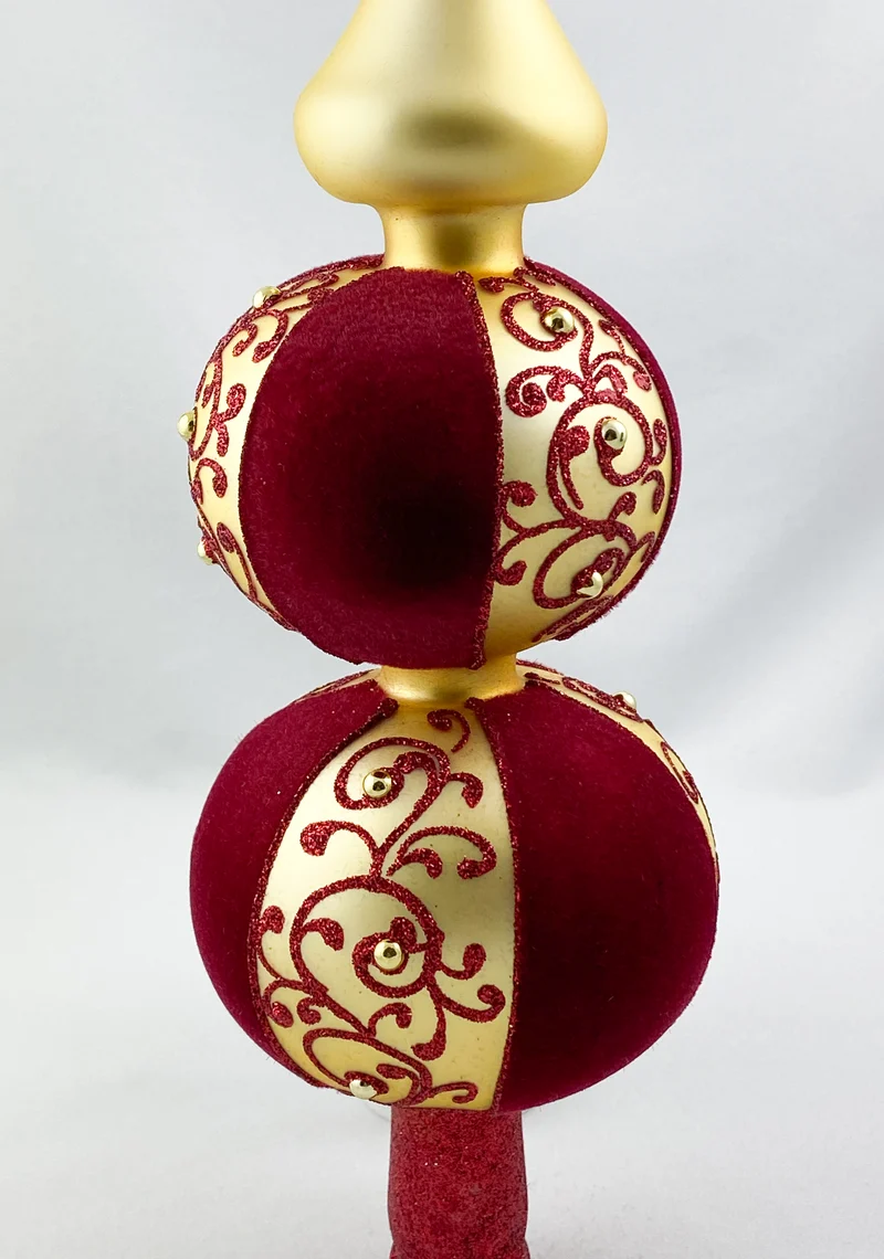 Christbaumspitze rot mit goldenem Dekor und goldener Spitze