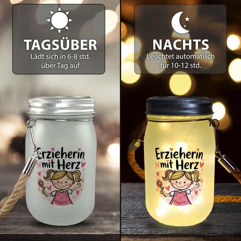fröhliches Cartoon-Mädchen Erzieherin mit Herz Solarlicht