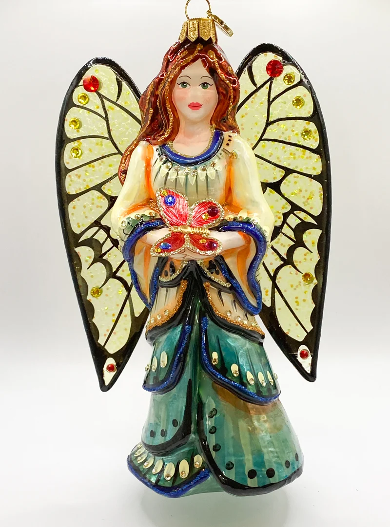 Engel mit rotem Schmetterling in der Hand und transparenten Glasflügeln, GlitterLab