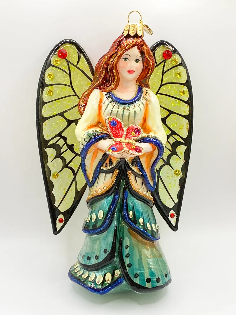 Engel mit rotem Schmetterling in der Hand und transparenten Glasflügeln, GlitterLab