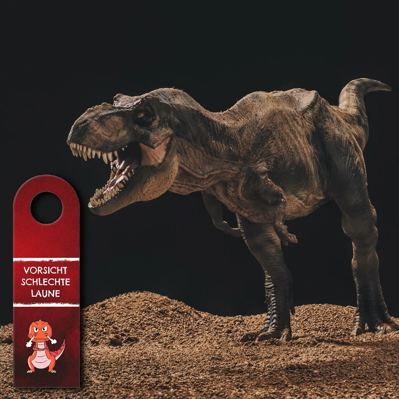 Vorsicht schlechte Laune oder gute Laune Türhänger mit T-Rex Dino und grün