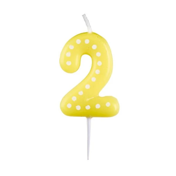 2 Kerze Gelbe Punkte 6,5 cm