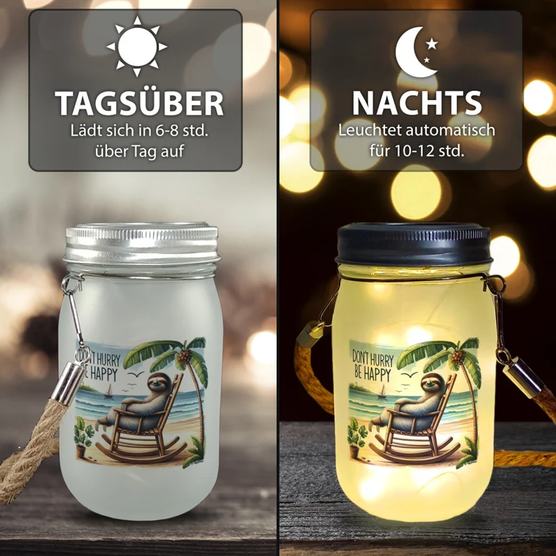 Faultier am Strand Solarlicht mit Spruch Don't hurry - be happy