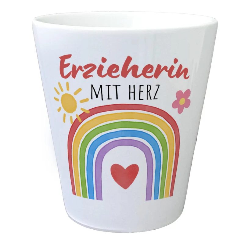 Regenbogen Blumentopf mit Spruch Erzieherin mit Herz