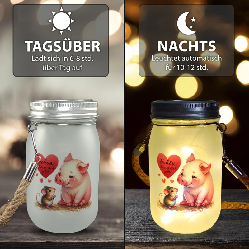 Schwein mit Maus und Herz Solarlicht mit Spruch Schön dass es dich gibt