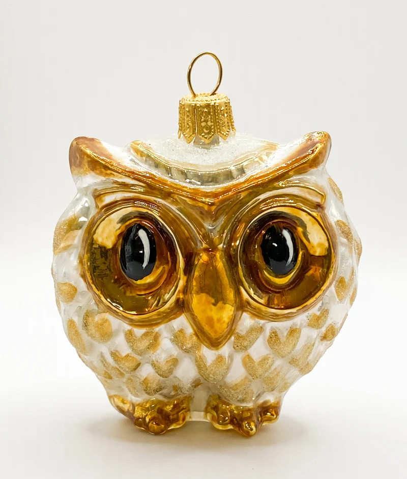 Dicke weiss/goldene Eule mit grossen Augen