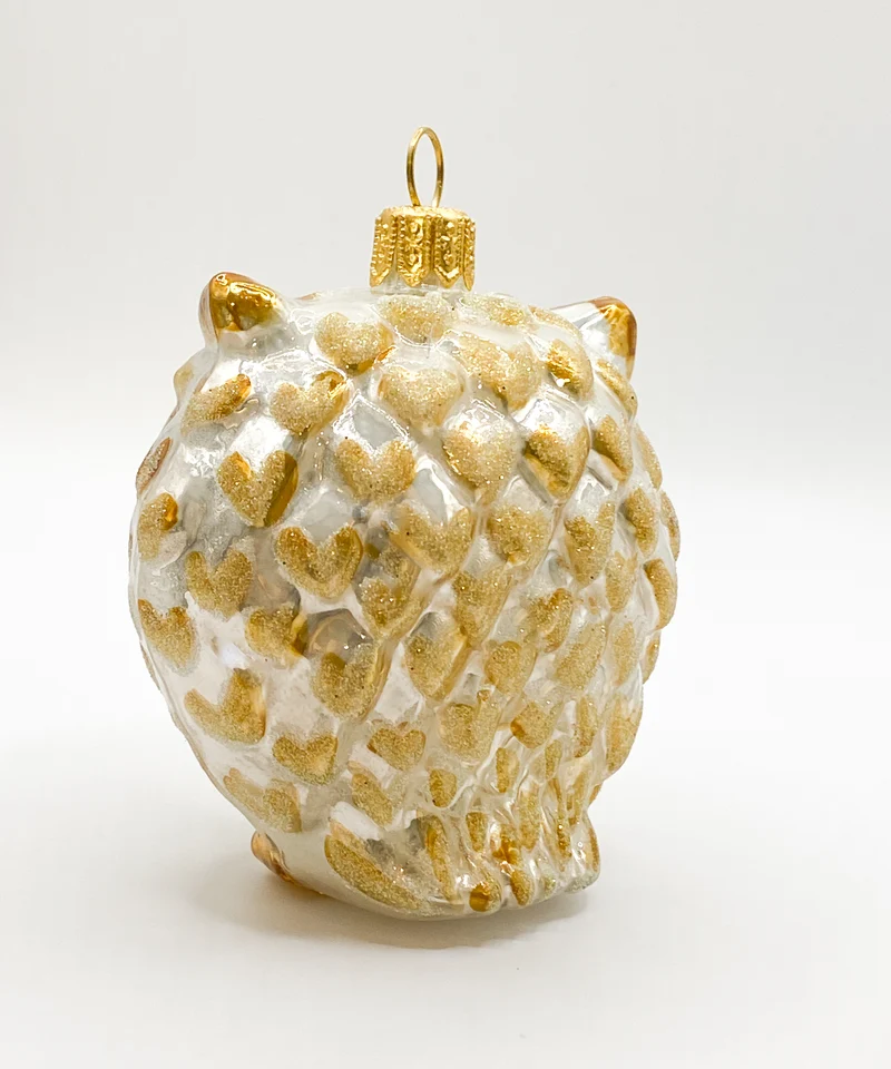 Dicke weiss/goldene Eule mit grossen Augen