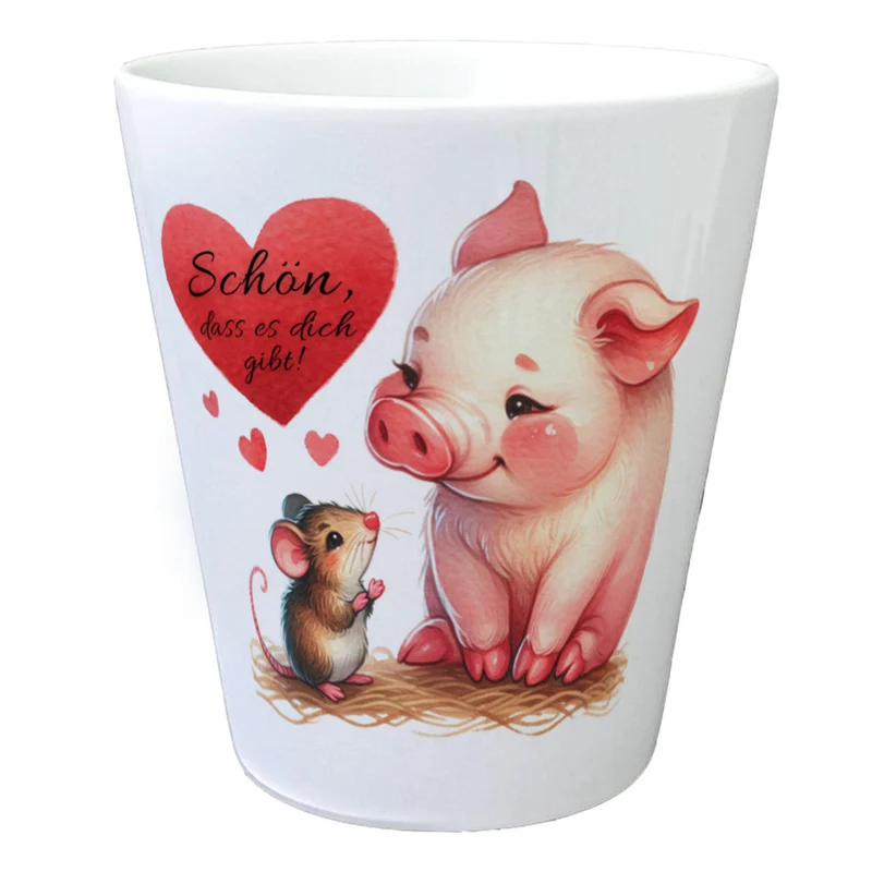 Schwein mit Maus und Herz Blumentopf mit Spruch Schön dass es dich gibt