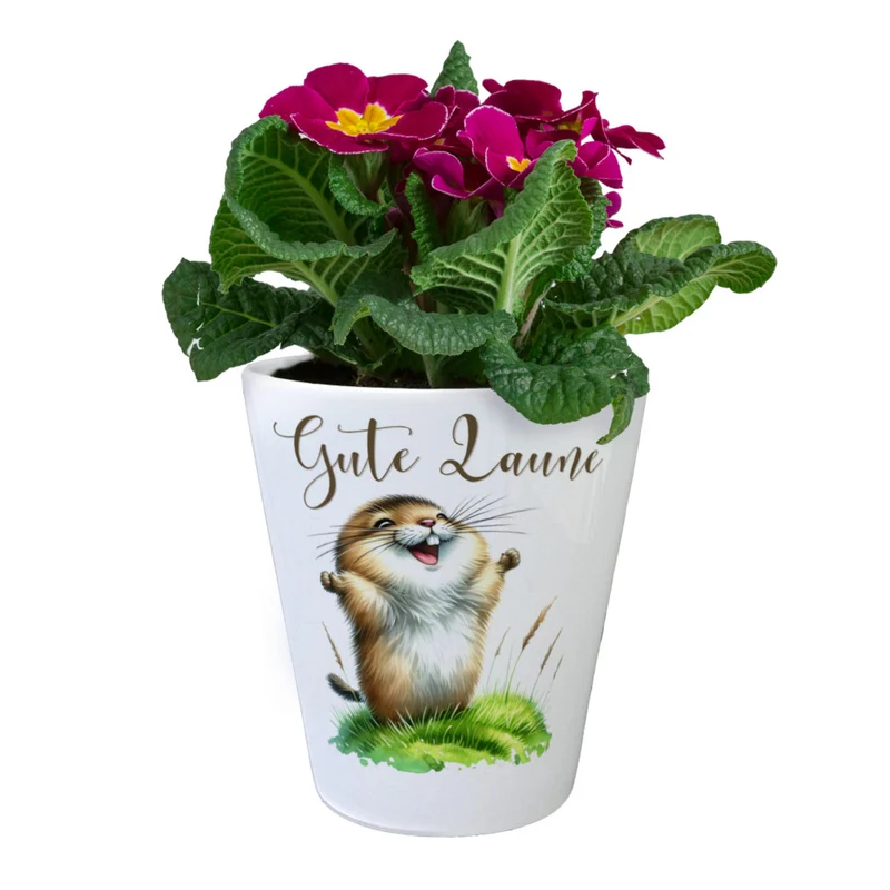 jubelnder Lemming Blumentopf mit Spruch Gute Laune
