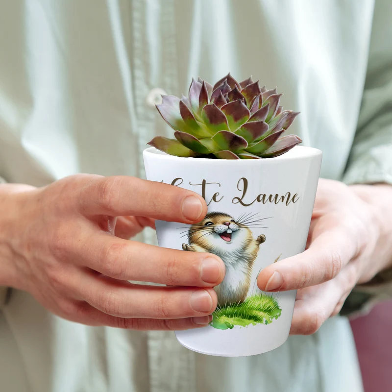 jubelnder Lemming Blumentopf mit Spruch Gute Laune