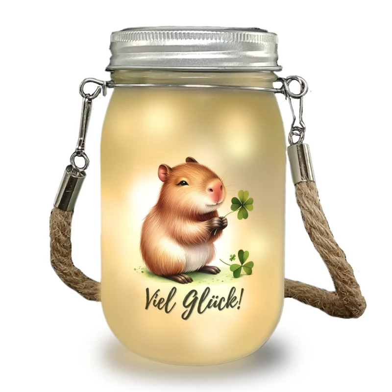Capybara mit Kleeblatt Solarlicht mit Spruch Viel Glück