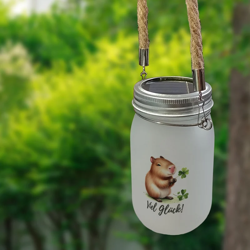 Capybara mit Kleeblatt Solarlicht mit Spruch Viel Glück