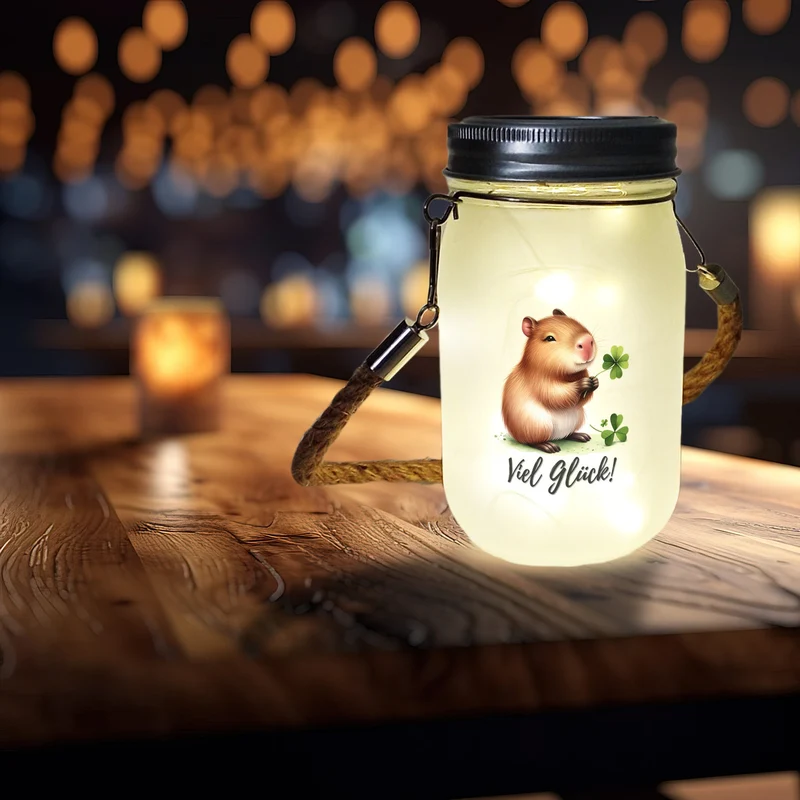 Capybara mit Kleeblatt Solarlicht mit Spruch Viel Glück