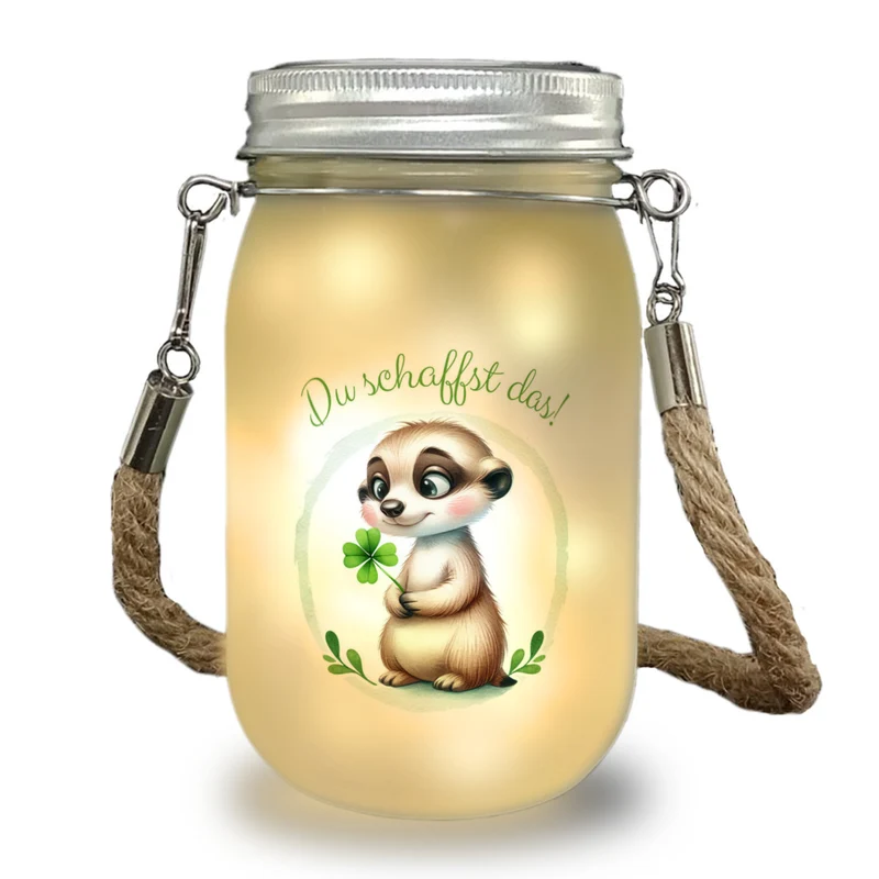 Erdmännchen mit Kleeblatt Solarlicht mit Spruch Du schaffst das