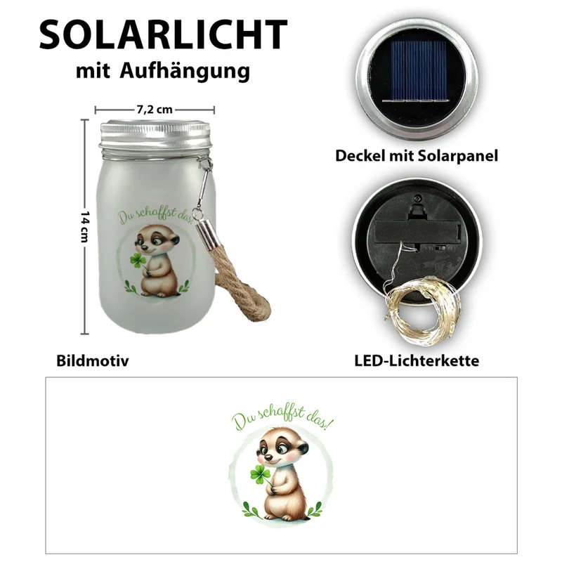 Erdmännchen mit Kleeblatt Solarlicht mit Spruch Du schaffst das