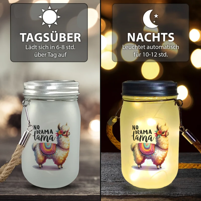 Alpaka mit bunter Satteldecke Solarlicht mit Spruch No Drama Lama